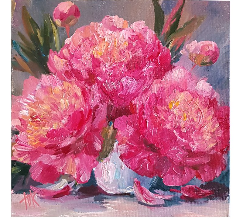 Peony oil Painting Original Art Peonies wall art Floral painting on canvas - โปสเตอร์ - วัสดุอื่นๆ สีม่วง