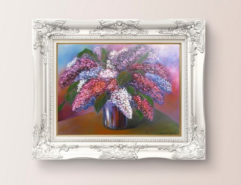 Large size oil painting Lilac in vase, original oil painting spring floral theme - ตกแต่งผนัง - วัสดุอื่นๆ หลากหลายสี