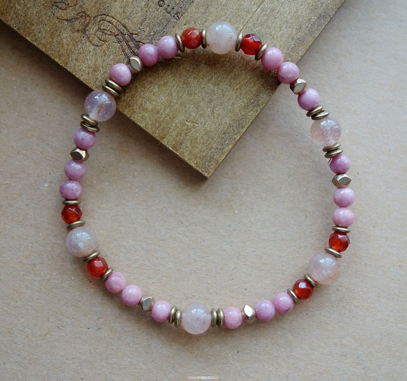 ~ Rice + bear ~ pink beauty rose stone strawberry crystal brass & natural stone bracelet / bracelet - สร้อยข้อมือ - โลหะ สึชมพู