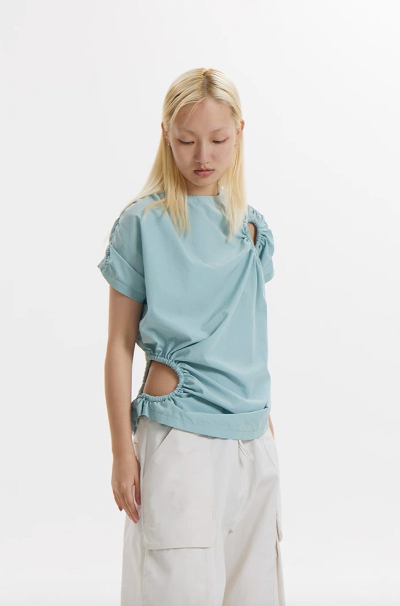 Ocean Sleeveless Zip-Up Top 海洋藍雙圓無袖T恤 - 女上衣/長袖上衣 - 棉．麻 藍色