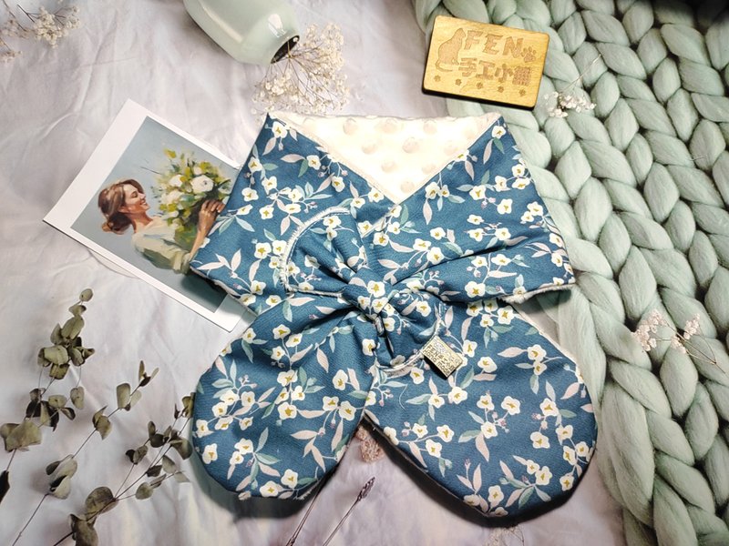 Korean thin cotton elegant blue background with white flowers scarf - all ages scarf - neck scarf - short scarf - - Knit Scarves & Wraps - Cotton & Hemp 