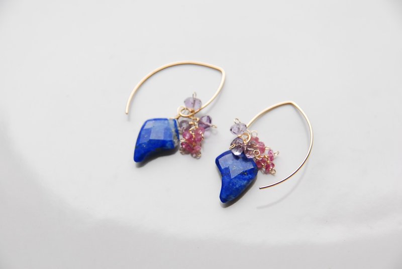 Lapis lazuli and small colored stone tassel marquise hook earrings 14kgf - Earrings & Clip-ons - Semi-Precious Stones Blue