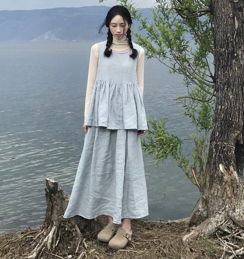 藍格子 亞麻背心褶皺上衣 半裙套裝 可客製 - 女上衣/長袖上衣 - 其他材質 多色