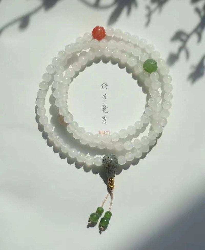 Natural Hotan jade/Khotan jade-mutton fat jade blue and white three-way Buddha head design necklace multi-circle bracelet f - Bracelets - Jade White