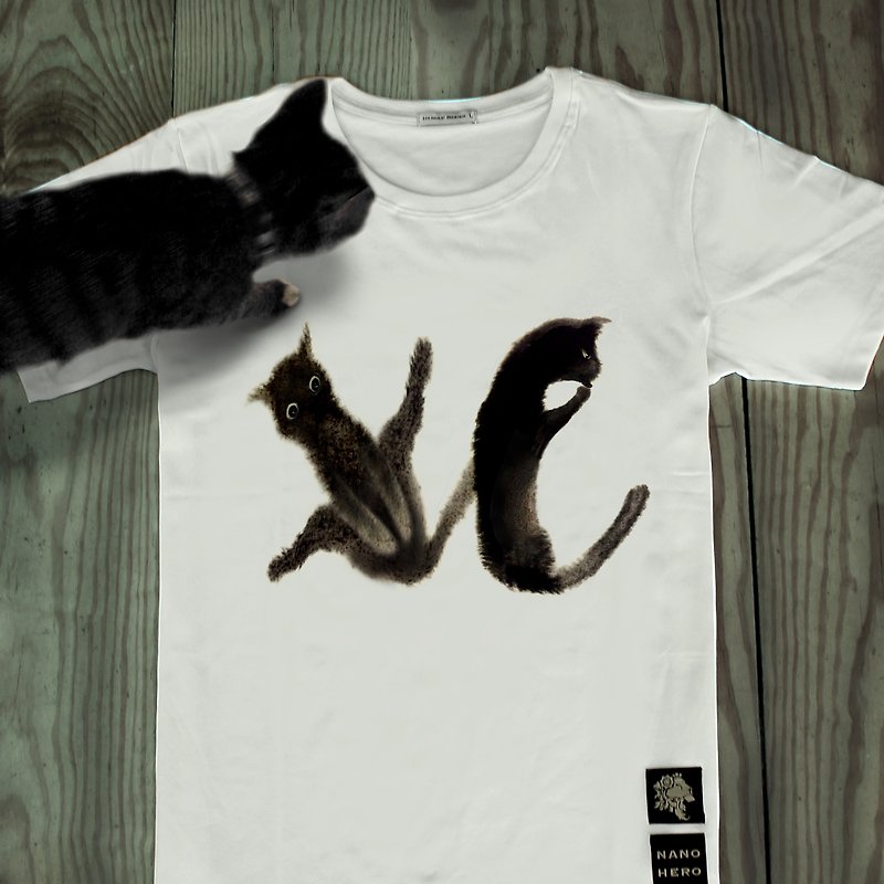 [26 black cat letters] Neutral T / sizeXL - เสื้อยืดผู้ชาย - ผ้าฝ้าย/ผ้าลินิน ขาว