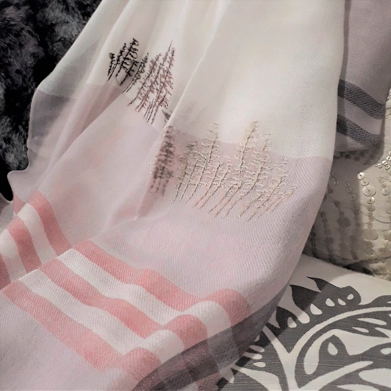 super fine pure cashmere hand embroidery scarf-pine tree forest - Knit Scarves & Wraps - Wool Pink