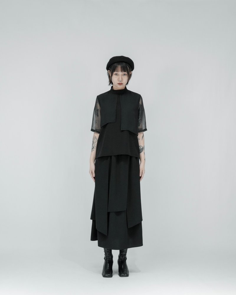 MUKK DESIGN 雙裁片雪紡袖上衣-黑 - 女上衣/長袖上衣 - 聚酯纖維 黑色