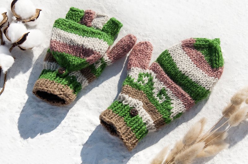 Hand Knitted Pure Wool Knitted Gloves/Removable Gloves/Inner Brush Gloves/Warm Gloves-Forest Green Grassland - Gloves & Mittens - Wool Multicolor