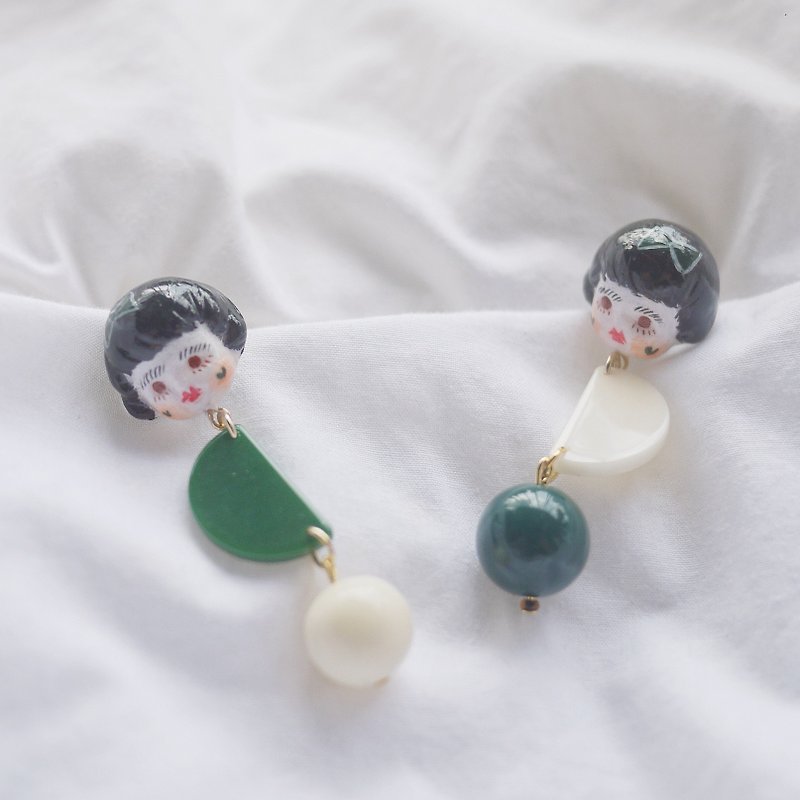 Geometric asymmetrical cute girl patch earrings ear clips - Earrings & Clip-ons - Clay Green