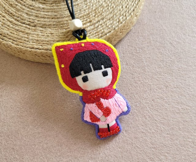 【着後レビューで 送料無料】 赤ずきんちゃんと大きな野生のオオカミ ラブ チャーム 手刺繍 置物