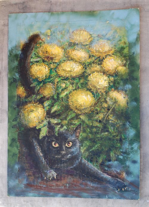 原画#3097　黒猫　猫　薔薇　花　水彩画　ドローイング　インテリア　アート　絵 原画#3097 黒猫 猫 薔薇 花 水彩画 ドローイング インテリア