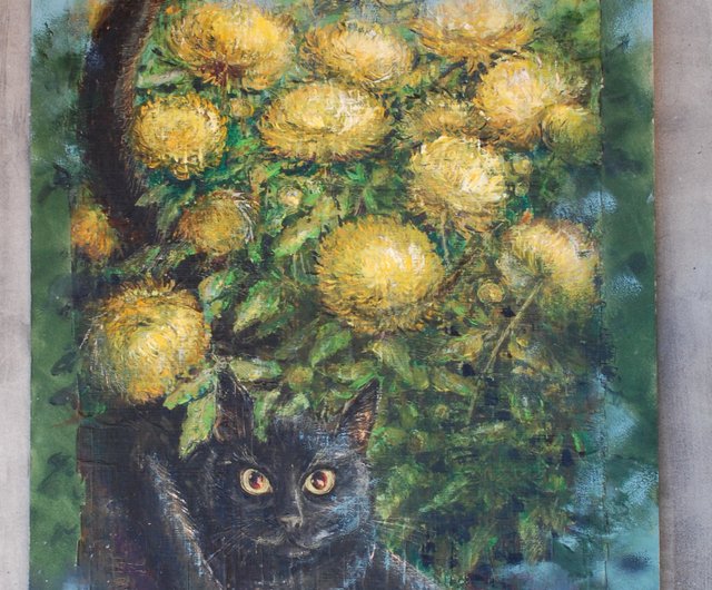 黒猫黄色い花アクリル画壁の装飾かわいい猫手描き貓和菊花