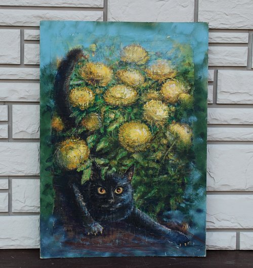 黒猫黄色い花アクリル画壁の装飾かわいい猫手描き貓和菊花