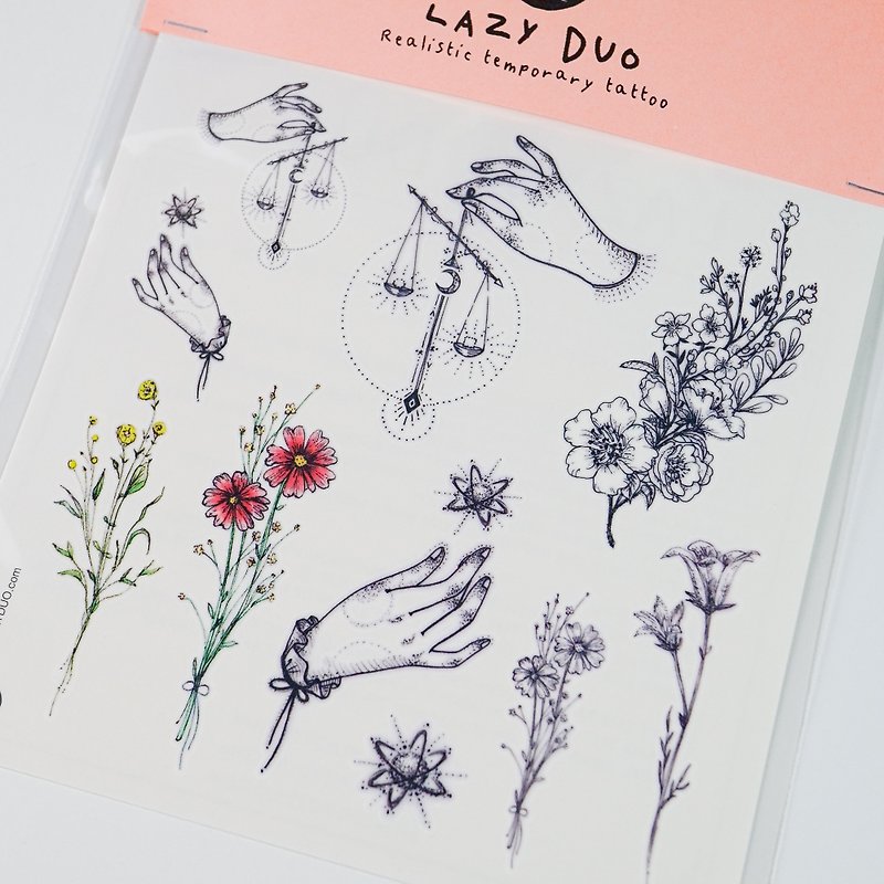 LAZY DUO Watercolor Floral Minimal Temporary Tattoo Sticker Zodiac Tarot Flower - Temporary Tattoos - Paper Red