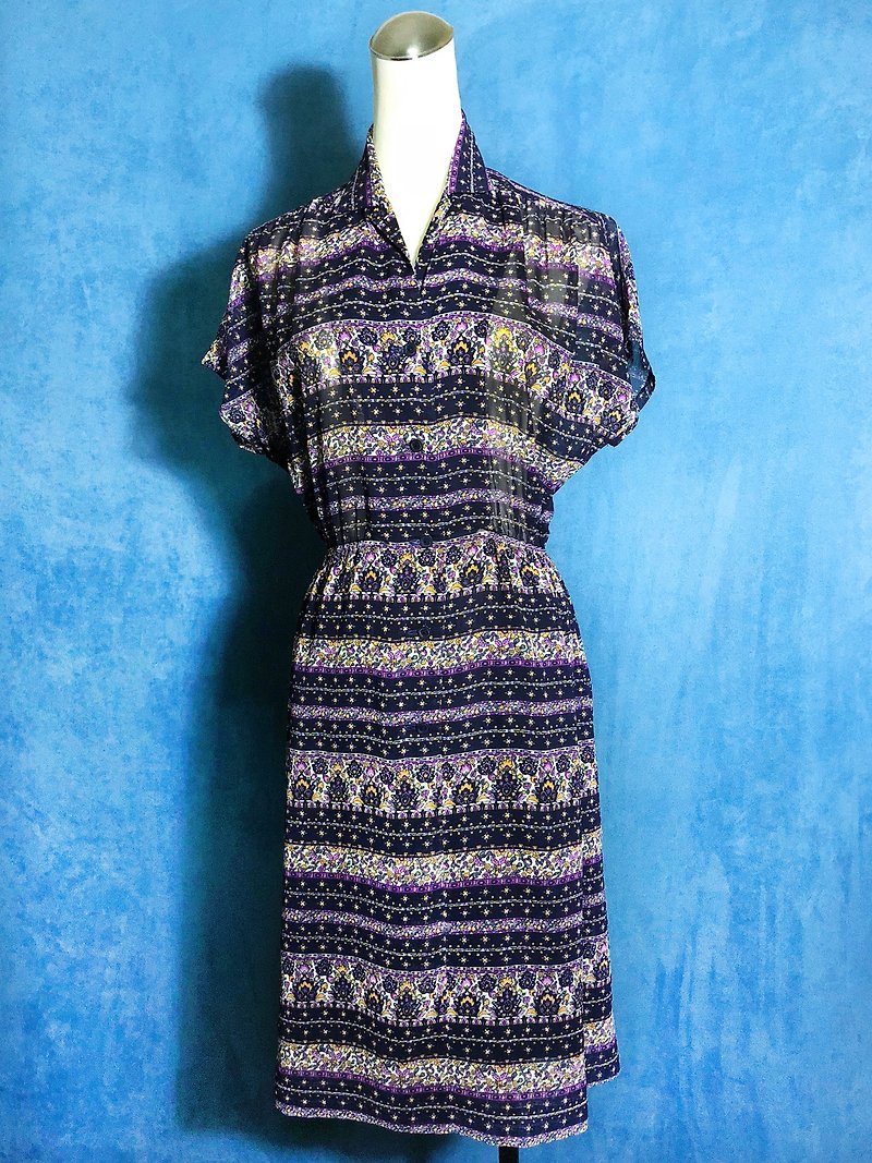 紫色花朵古著洋裝 / 國外帶回 VINTAGE - 洋裝/連身裙 - 聚酯纖維 藍色