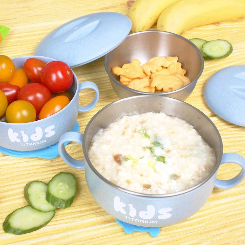 Two-piece Pure Titanium Children's Learning Bowl Set (Double Large Bowl + Medium Bowl)-Lime Blue - Lunch Boxes - Other Materials Blue