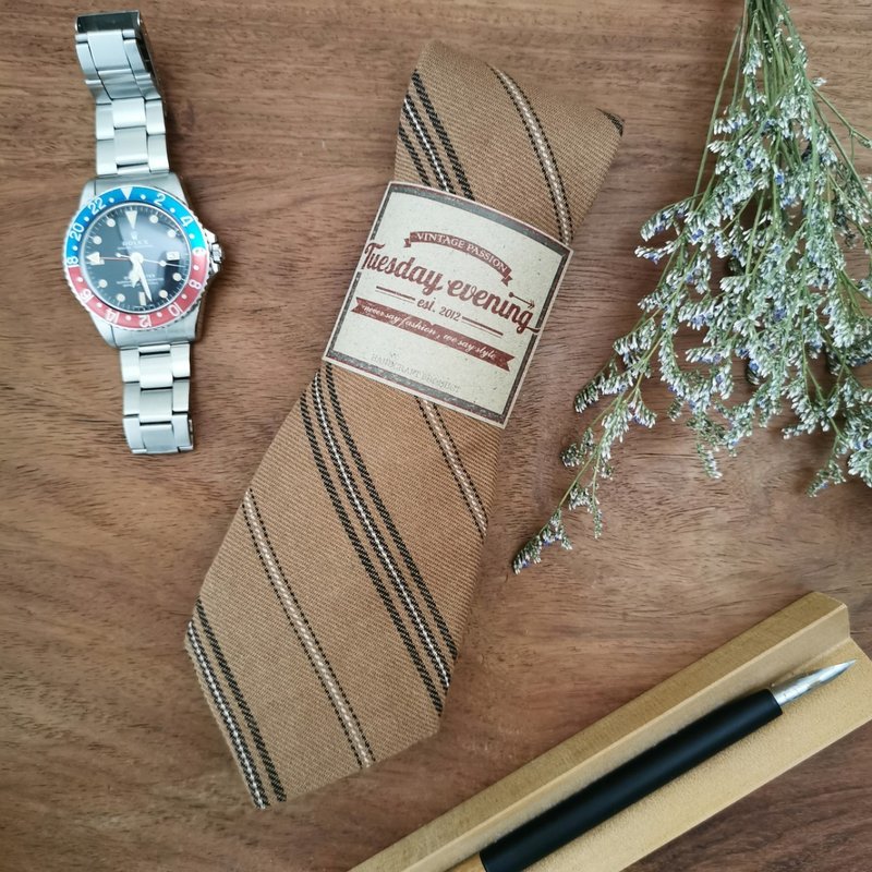 Necktie Sand Brown Stripe - 領帶/領帶夾 - 棉．麻 咖啡色