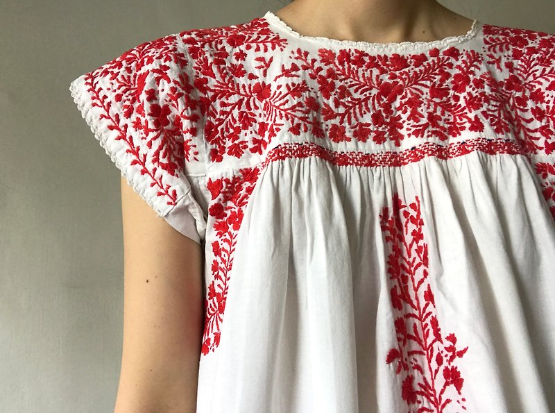 Mexican Hand Embroidered Dress - One Piece Dresses - Cotton & Hemp White