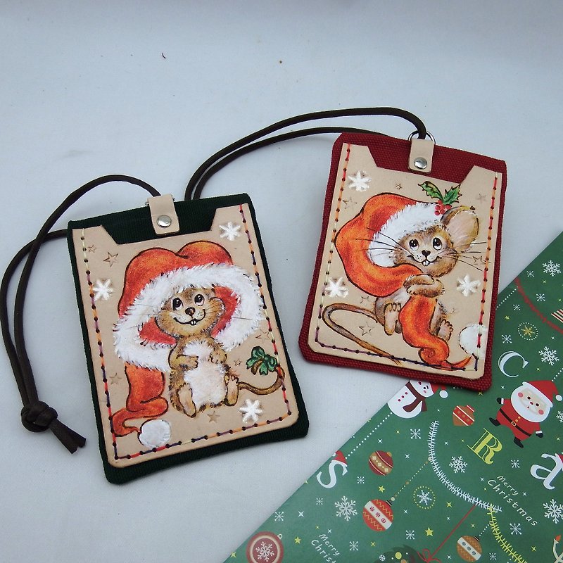 Leather ID card travel card set Christmas squirrel combination - ที่ใส่บัตรคล้องคอ - หนังแท้ สีแดง