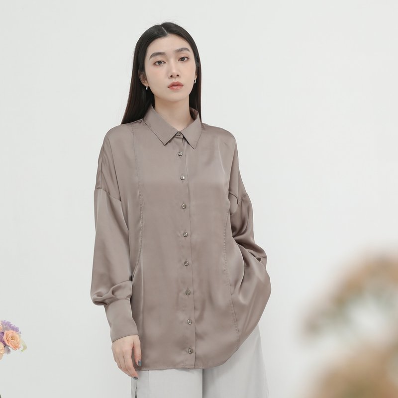 Zhilan_芝蘭剪接襯衫_23AF010_棕 - 女上衣/長袖上衣 - 聚酯纖維 咖啡色