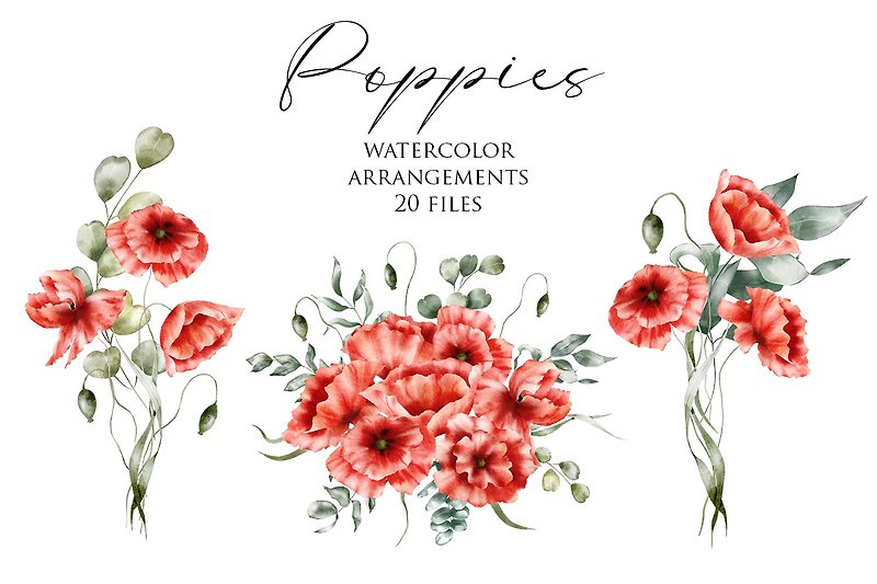 Watercolor floral clipart – Poppies arrangements, bouquets. Wildflowers, flowers - ภาพวาดพอร์ทเทรต/ภาพวาด/ภาพประกอบดิจิทัล - วัสดุอื่นๆ สีแดง
