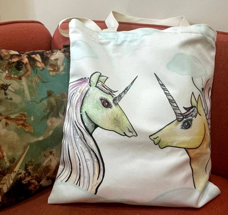 Walking in the Clouds Series-Unicorn Canvas Bag - กระเป๋าแมสเซนเจอร์ - ผ้าฝ้าย/ผ้าลินิน ขาว