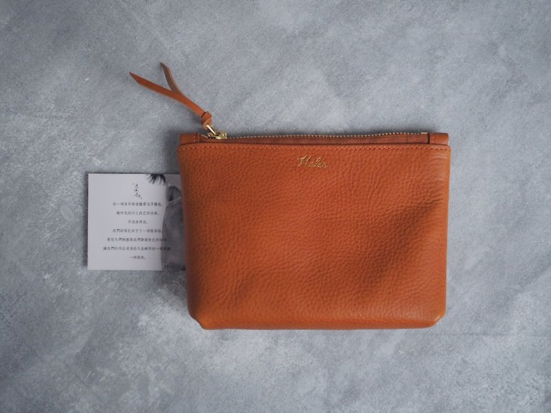 拉鍊手包手袋收納袋 純手工牛皮 客製化刻字禮物 顏色款式可訂製 - 手提包/手提袋 - 真皮 橘色