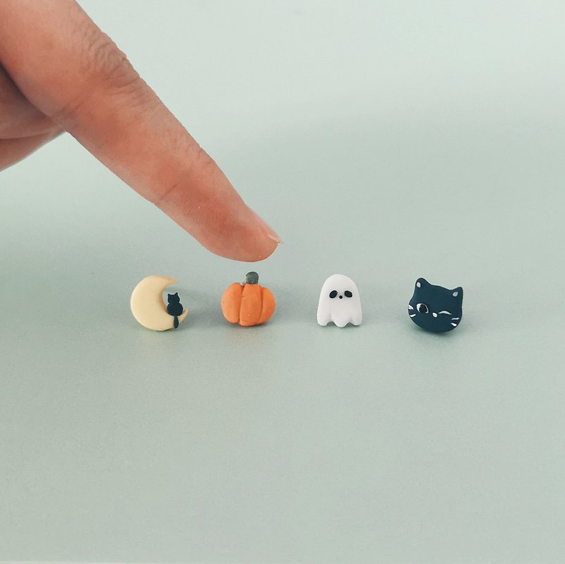 bi playful//Halloween Black Cat Moon Pumpkin Imp Handmade Soft Pottery Small Earring Set of 4 - Earrings & Clip-ons - Clay Multicolor