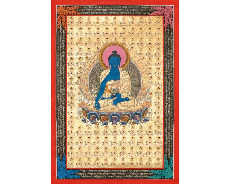 療癒藥師佛唐卡 – 飾以24K金箔的正宗藝術品 - 壁貼/牆壁裝飾 - 其他材質 多色
