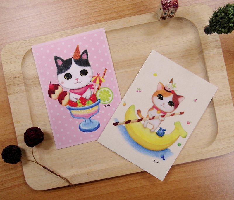 ChinChin Hand-painted Cat Postcard-Strawberry Sundae/Banana Sundae (2 in a set) - Cards & Postcards - Paper Multicolor