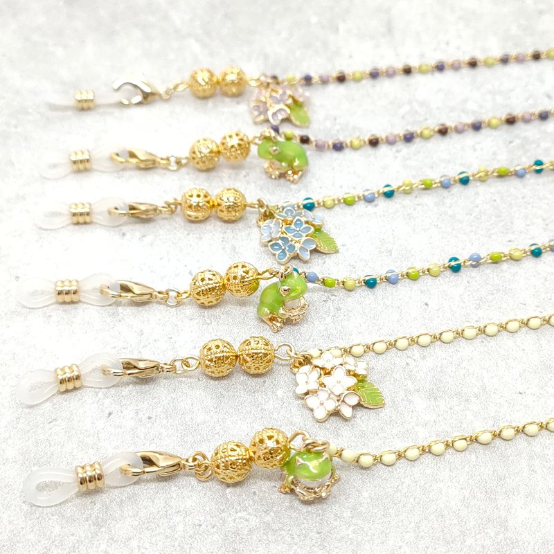 Frog and Hydrangea Glasses/Mask Chain - เชือก/สายคล้อง - ทองแดงทองเหลือง ขาว