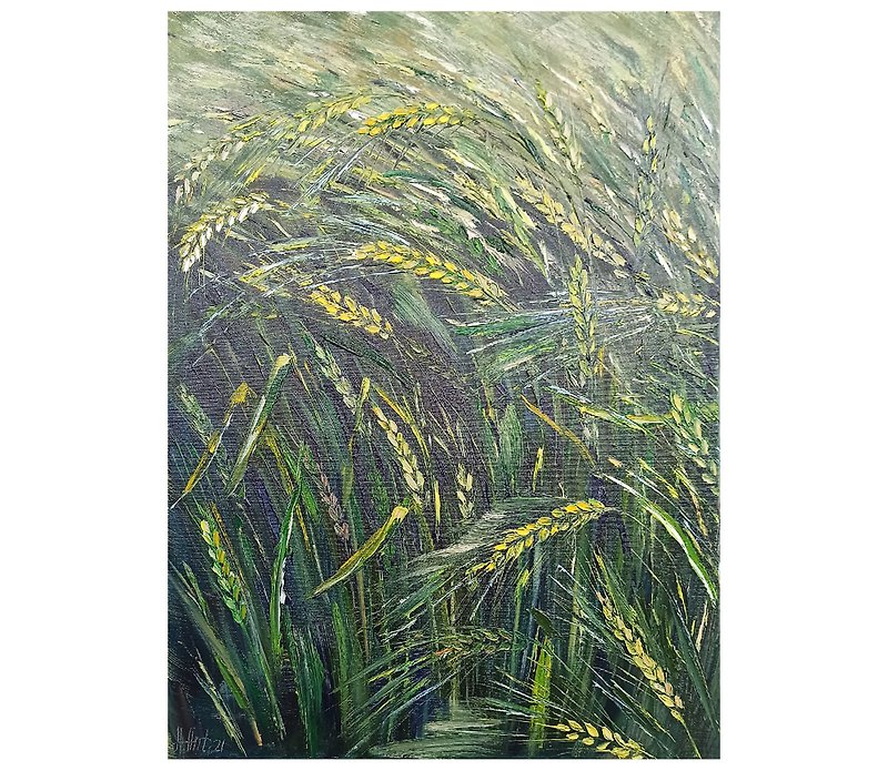 Wheat Oil Painting Original Art Fields Plant Wall Art 小麥油畫 by Anna Antonova - โปสเตอร์ - ผ้าฝ้าย/ผ้าลินิน สีเขียว