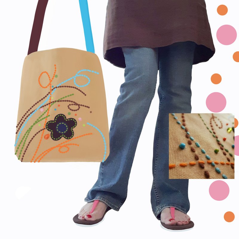 12x14 inch tote. Fun and original with hand-stitched design with felt and beads - 手提包/手提袋 - 其他材質 卡其色