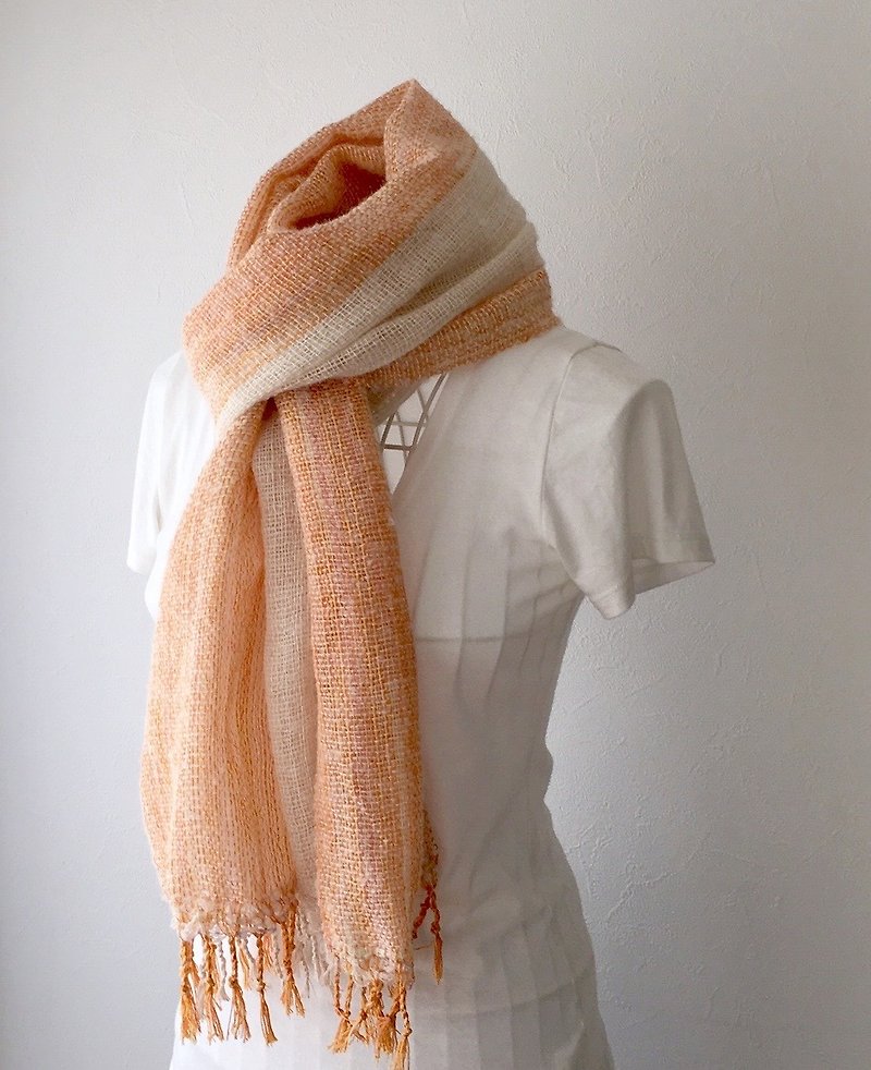 3way soft hand-woven shawl for unisex & all season "Orange & White" - ผ้าพันคอ - ผ้าฝ้าย/ผ้าลินิน สีส้ม