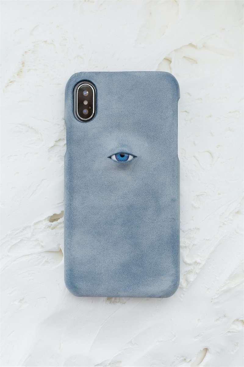 煙霧藍 眼珠題材 手工真皮iPhone手機殼 保護套 義大利植鞣牛皮 - 手機殼/手機套 - 真皮 藍色