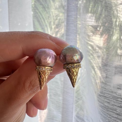 Ellajo Bijoux 甜蜜樂園 金色甜筒造型天然珍珠耳釘