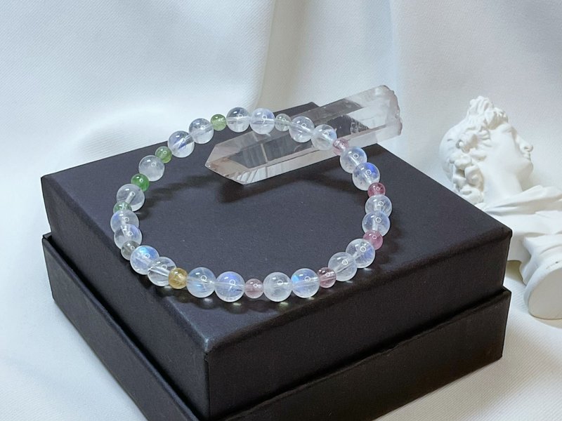 [Selected] Vitreous Blue Moonstone Rainbow Candy Tourmaline Crystal Bracelet - Bracelets - Gemstone White