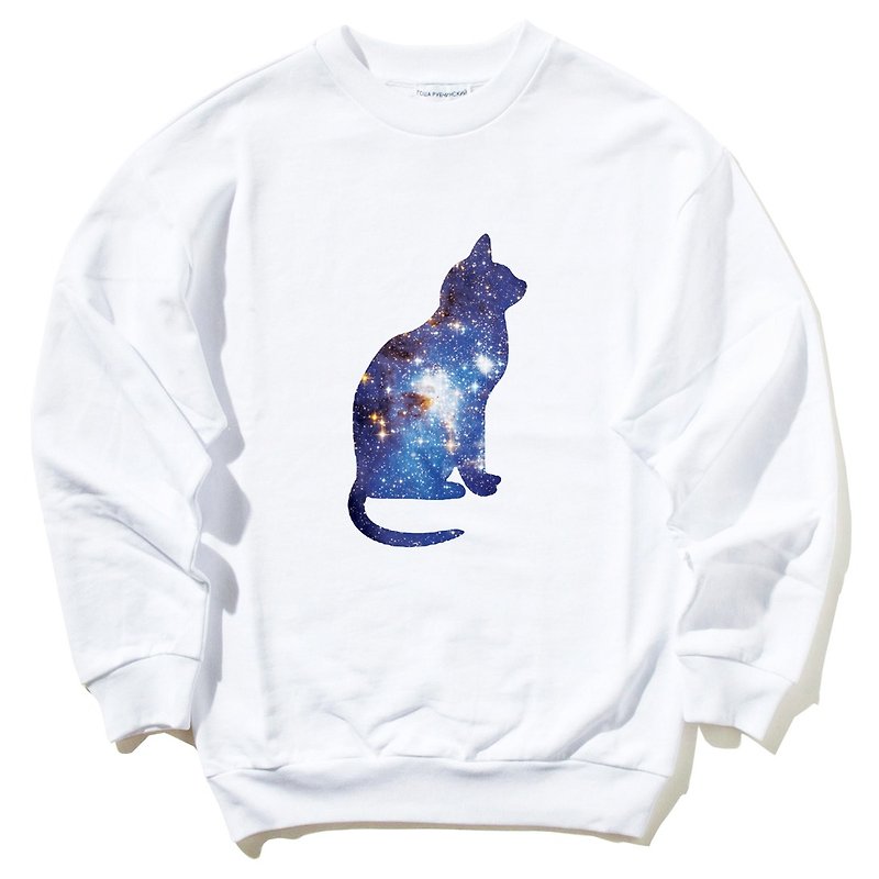Cosmic Cat 大學T 刷毛 中性版 白色 貓 宇宙 設計 銀河系 時髦 圓 三角形 文青 - T 恤 - 棉．麻 白色