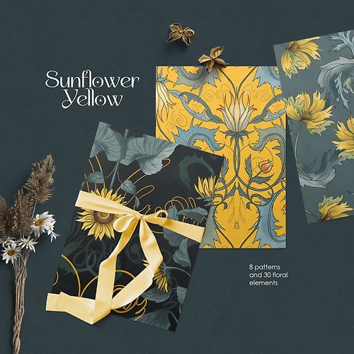 Blue Bird Sunflower Yellow. Botanical pattern collection, floral clipart