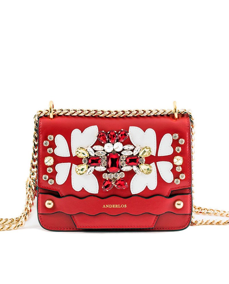 RED WHITE BUTTERFLY GEM SHOULDER BAG - กระเป๋าแมสเซนเจอร์ - หนังแท้ สีแดง