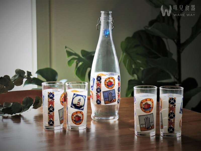 早期LELLA壺杯組－海洋系列 (餐具/舊貨/老物/玻璃/圖案/花樣) - 茶壺/茶杯/茶具 - 玻璃 多色