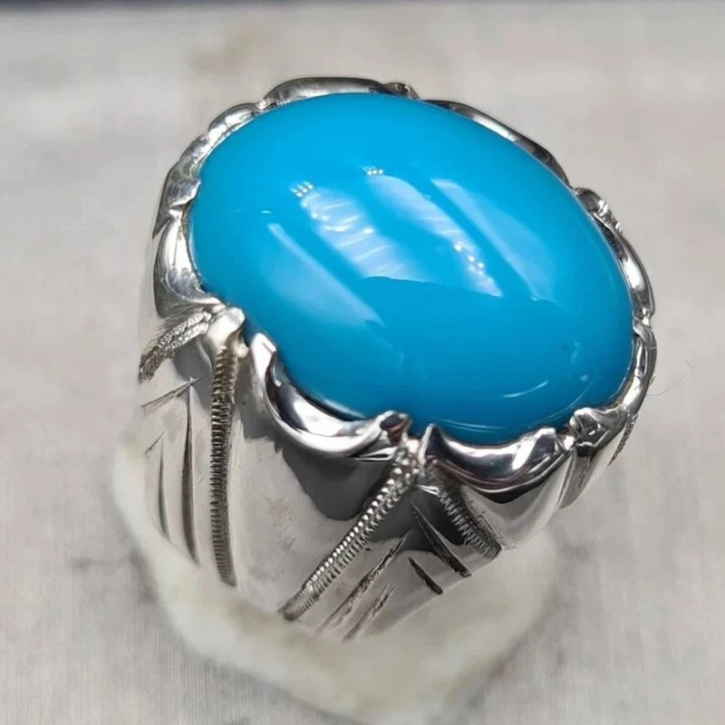Beautiful Super Clean Blue Dark Feroza Ring Deep Blue Turquoise jewelry Man gift - 戒指 - 寶石 藍色