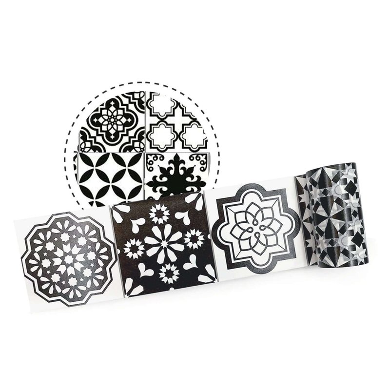 Retro Black and White Spanish Tile Patterns washi Tape. - 紙膠帶/和紙/PET - 紙 黑色