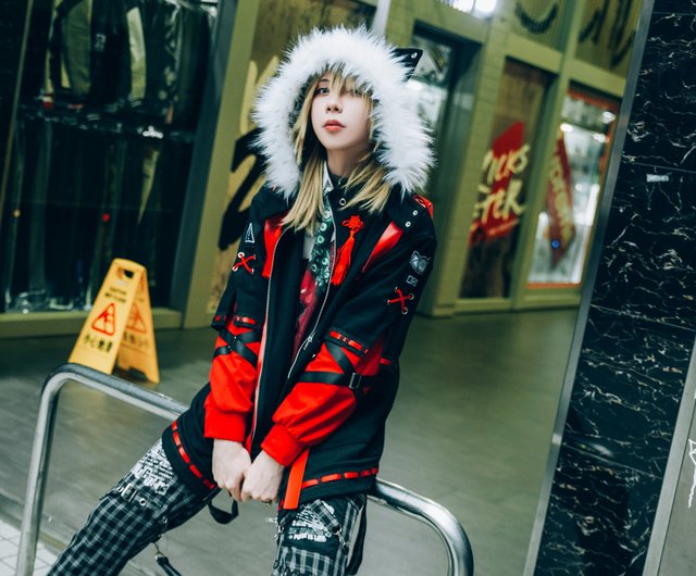 Anime oriental winter fox fur trim layered look harness