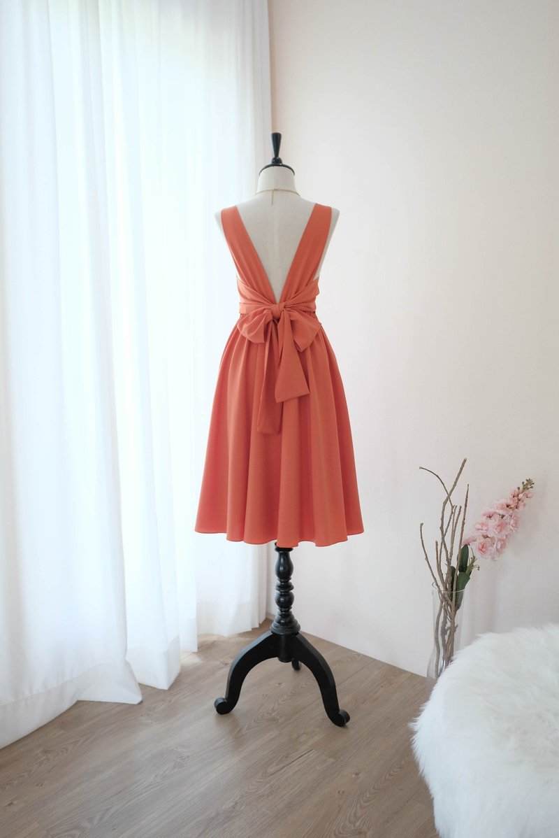 Rustic Orange Dress Prom Dress Bridesmaid Dress Cocktail Backless Mid length - 禮服/小禮服 - 聚酯纖維 橘色