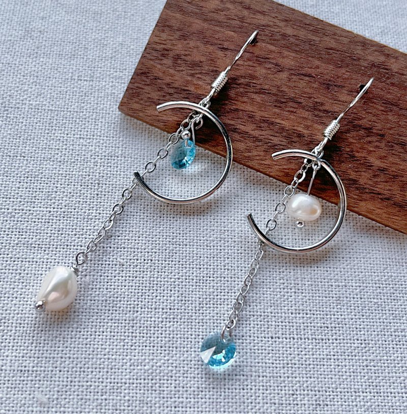 Asymmetrical ocean pearl small fresh earrings - ต่างหู - สแตนเลส สีน้ำเงิน