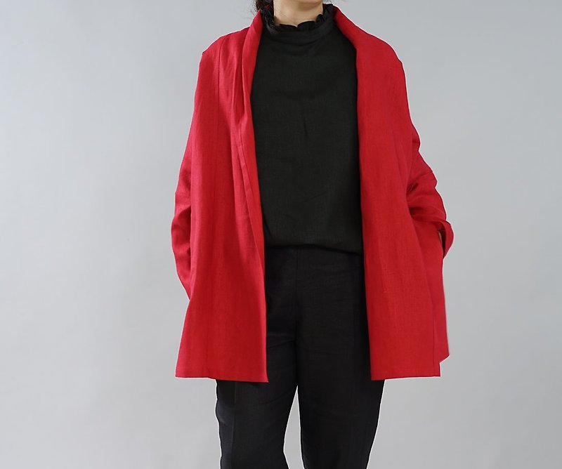 wafu - 亞麻外套 Midweight Linen Shawl Collar Cardigan / Red h014a-red2 - เสื้อแจ็คเก็ต - ลินิน สีแดง