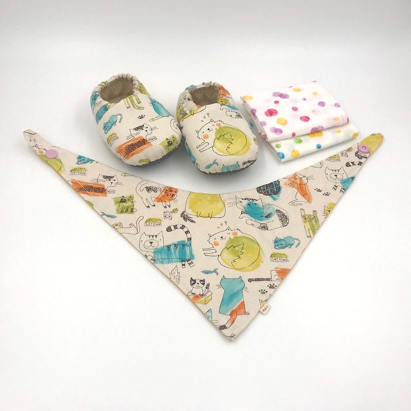 水彩繪貓-彌月寶寶禮盒(學步鞋/寶寶鞋/嬰兒鞋+2手帕+領巾) - 滿月禮物 - 棉．麻 多色