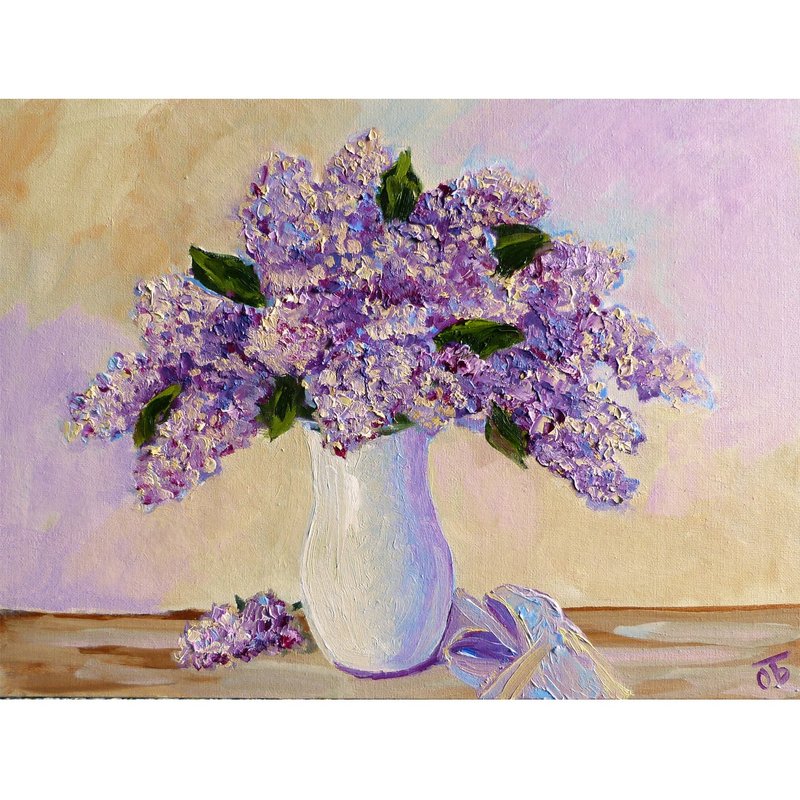 Lilac flowers oil painting on canvas - original art - bouquet of lilacs in vase - Posters - Cotton & Hemp Purple