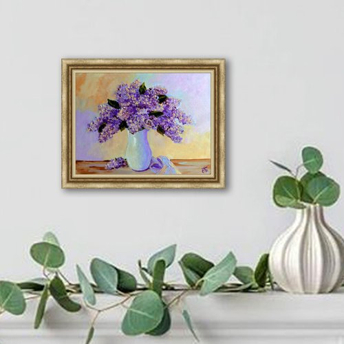 キャンバスにライラックの花の油絵 - オリジナル アート - 花瓶